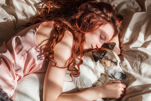 Una giovane ragazza che dorme con il suo cane
