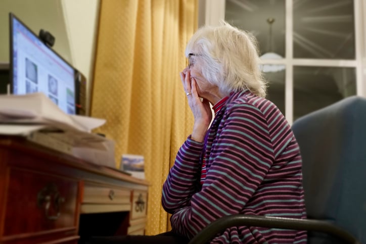 Una donna anziana preoccupata davanti al suo computer
