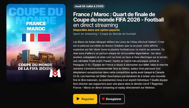 Screenshot dell'incontro Francia - Marocco su Molotov TV