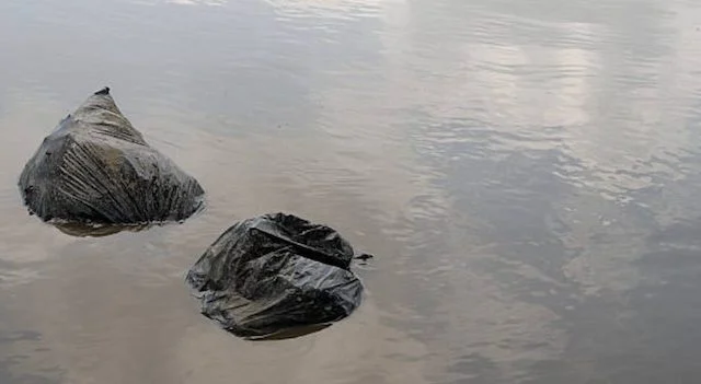 Due sacchi della spazzatura che galleggiano nell'acqua