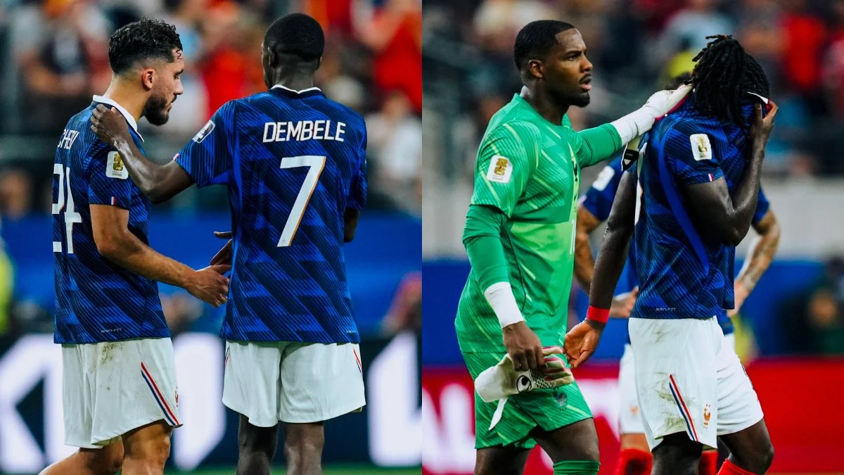 Delusione dei giocatori della nazionale francese di calcio, durante la semifinale dei Mondiali 2026 contro la Spagna, il 14 luglio a Dallas (Stati Uniti)