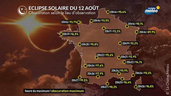 Mappa della Francia dall'oscuramento dell'eclissi solare