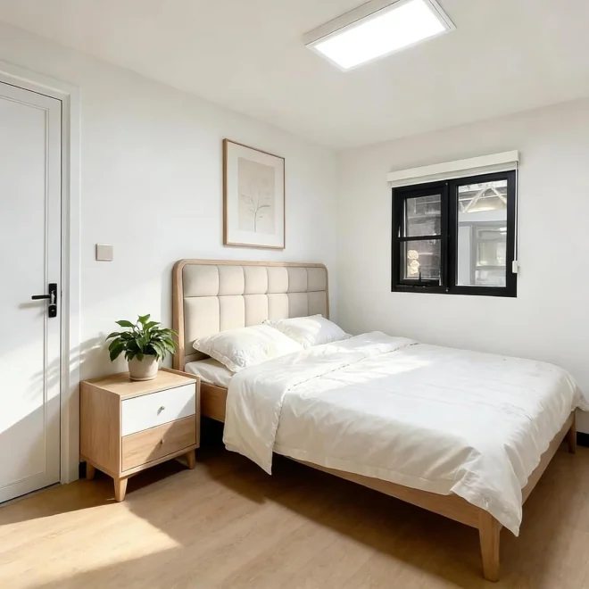 La camera da letto della casa prefabbricata