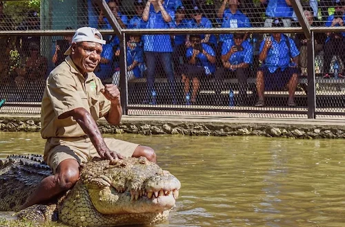 Un guardiano dello zoo con un coccodrillo