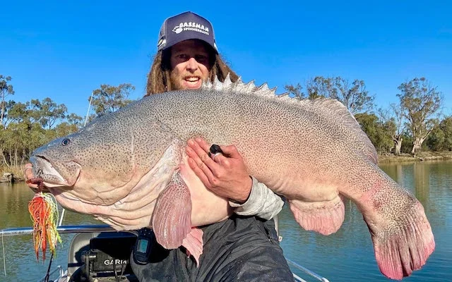 Kasey Parkinson con in mano un altro esemplare di Murray cod